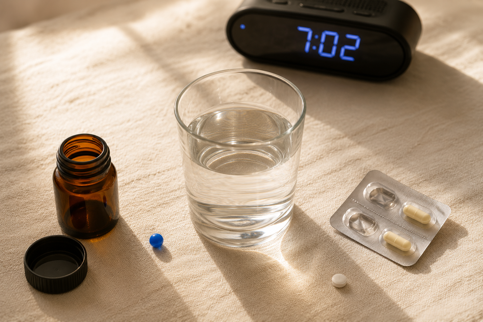 A nightstand with common sleep aids — illustrating that the bottle on your nightstand can still be active in your brain at breakfast.