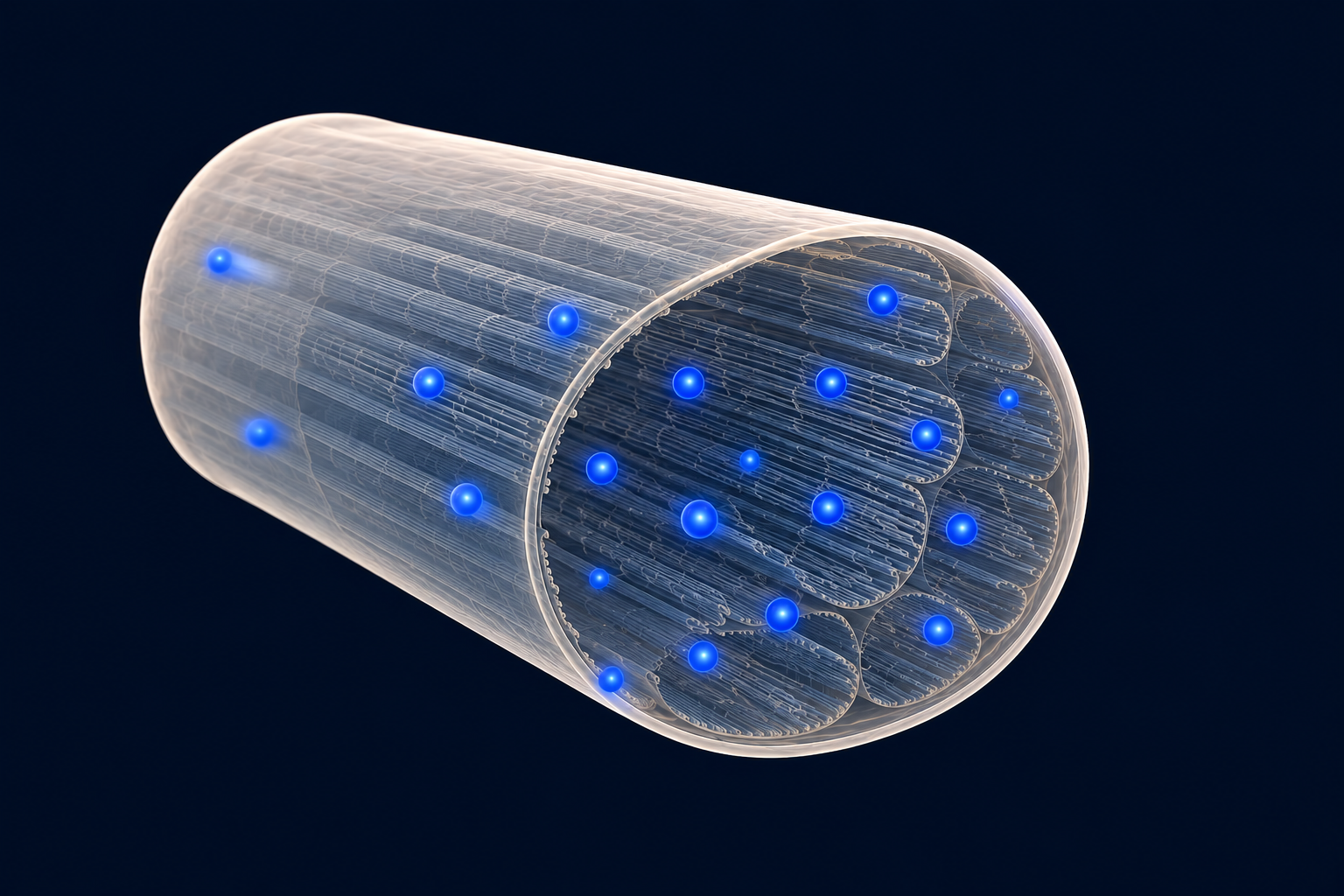 Cross-section of a muscle fiber showing creatine molecules stored inside — illustrating that the relevant creatine reservoir lives in muscle, not in plasma.